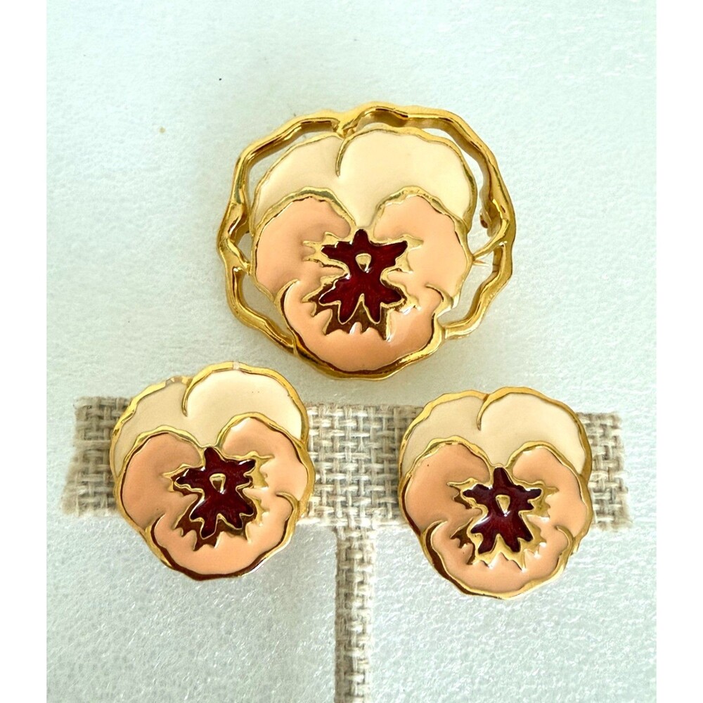 Vintage 1980s Pansy Flower Brooch Clip On Earrings Set Peach Cream Enamel Gold
